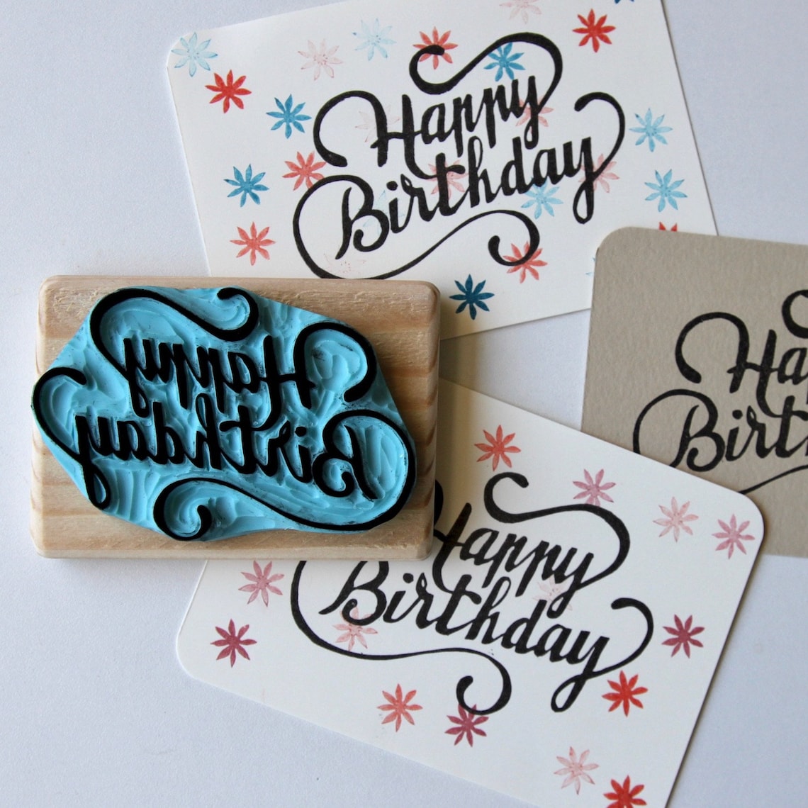 Happy Birthday Rubber Stamp, Lettering, Hand Carved, Wood Mounted - Etsy