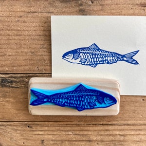 Sardine stamp, hand carved, wood mounted image 1