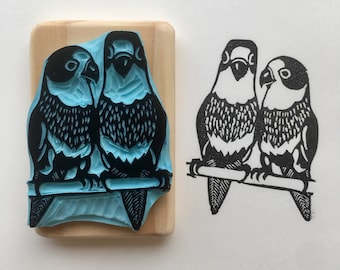 Love birds stamp, hand carved, wood mounted, roseicolis