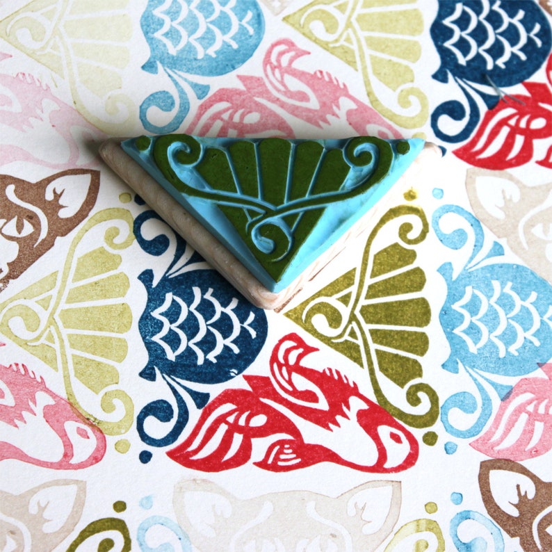 Cat Fish and Geometric Rubber Stamps Art Deco Style Hand Etsy
