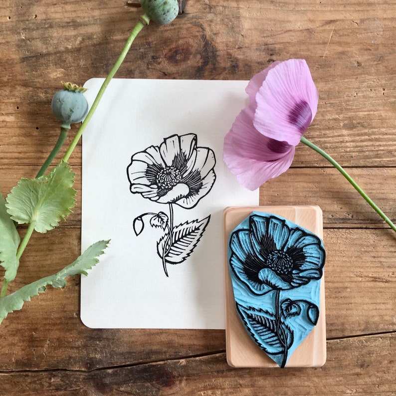 Poppi flower stamp, hand carved, wood mounted, bird stamp image 8