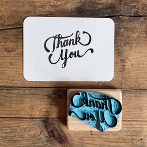 Tampon "Thank you" en gomme, pour cartes de remerciement, artisanal, gravé à la main, monté sur bois