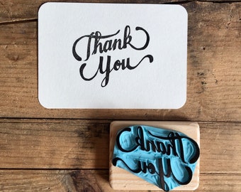 Tampon "Thank you" en gomme, pour cartes de remerciement, artisanal, gravé à la main, monté sur bois