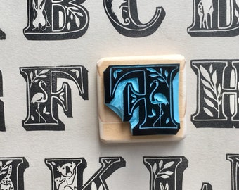 F letter rubber stamp "F for Flamingo", lettering, hand carved, wood mounted