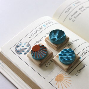Bullet Journal weerset van 3 stempels, sun rain cloud, bujo, handgesneden, op hout gezet