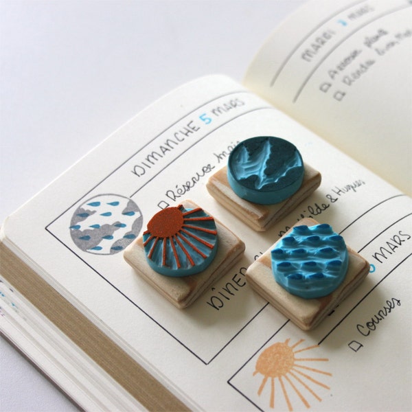 Bullet Journal weather set of 3 stamp, sun rain cloud, bujo, hand carved, wood mounted