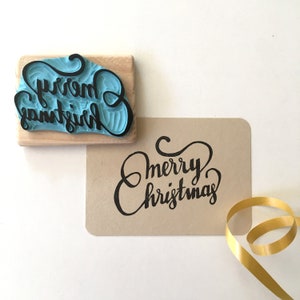 Tampon "Merry Christmas" en gomme, pour carte de Noël, gravé à la main, monté sur bois