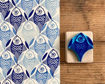 Timbro Bullet Journal, sardina, motivo a squame, bujo, intagliato a mano, montato su legno