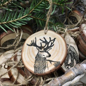 One Christmas animal printed on a wood slice, hand printed, original design image 10