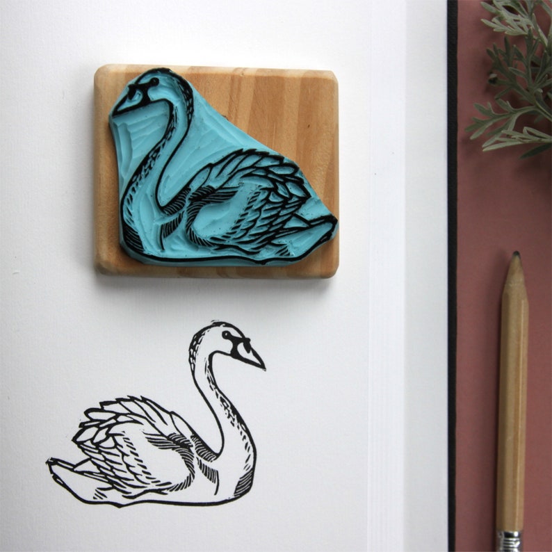 Swan stamp, hand carved, wood mounted image 1