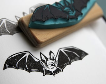 Bat stamp, hand carved, wood mounted