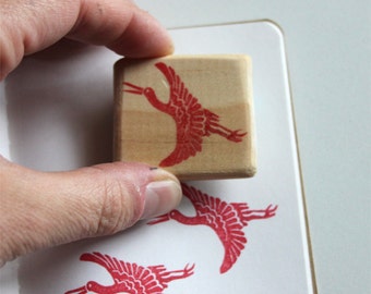 Japanischer Kranich Stempel, handgeschnitzt, auf Holz montiert