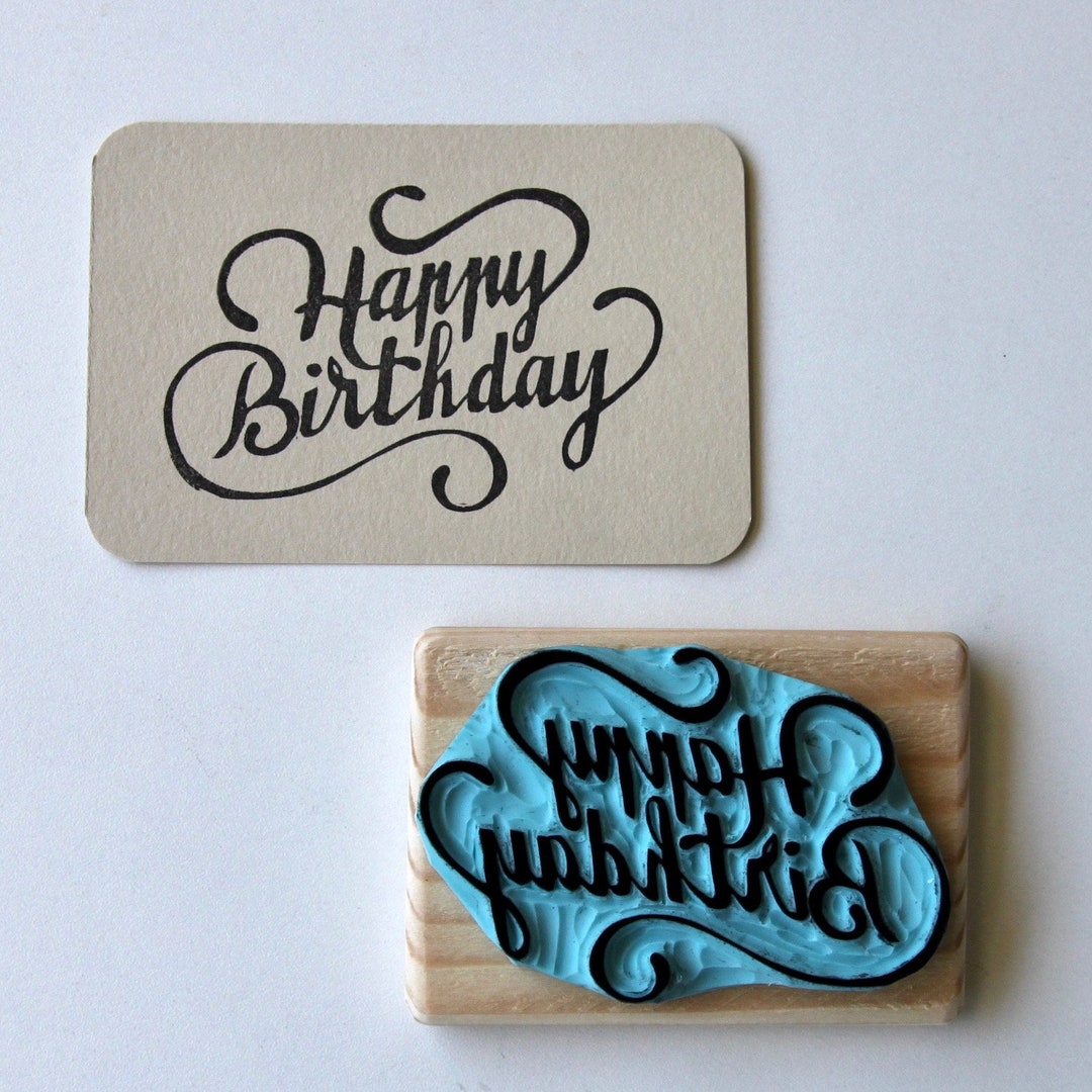 Happy Birthday Rubber Stamp, Lettering, Hand Carved, Wood Mounted - Etsy