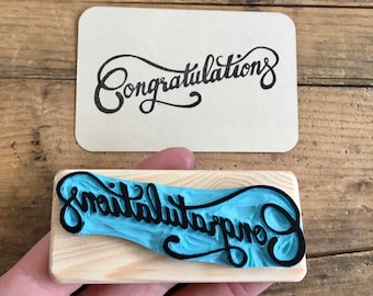 Tampon "Congratulations" en gomme, pour cartes d'anniversaire, artisanal, gravé à la main, monté sur bois