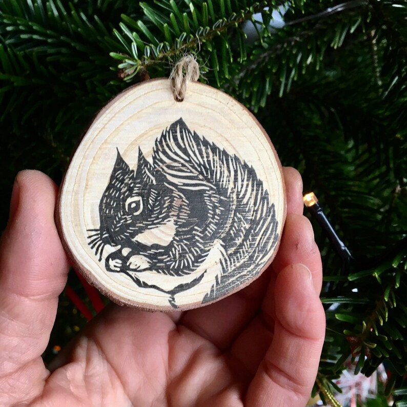 One Christmas animal printed on a wood slice, hand printed, original design image 3