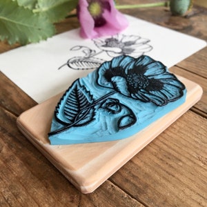 Poppi flower stamp, hand carved, wood mounted, bird stamp image 3