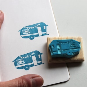 Vintage Caravan stamp, hand carved, wood mounted