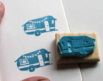 Vintage Caravan stamp, hand carved, wood mounted