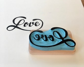 Love rubber stamp, lettering, hand carved, wood mounted