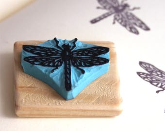 dragonfly stamp, hand carved, wood mounted