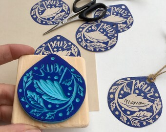 POUR french rubber stamp, for DIY round gift tag, lettering, "FOR", hand carved, wood mounted