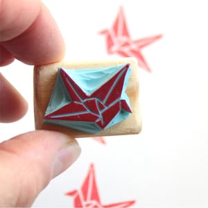 Japanese Origami Crane tiny stamp, hand carved, wood mounted