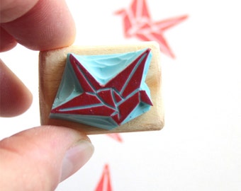 Japanese Origami Crane tiny stamp, hand carved, wood mounted