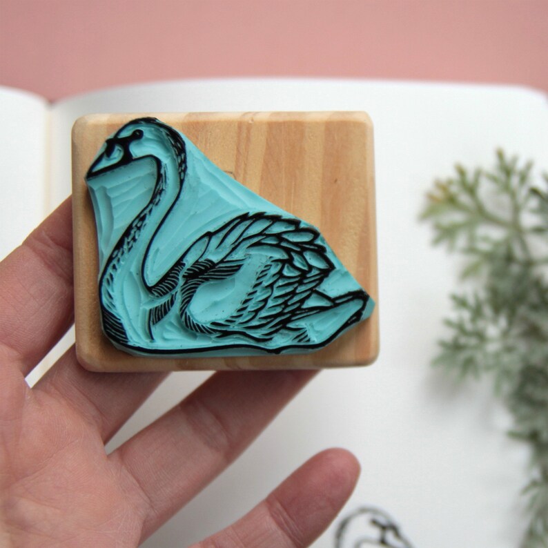 Swan stamp, hand carved, wood mounted image 3
