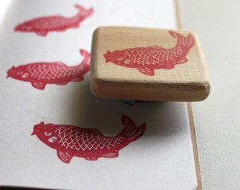 Carp rubber stamp, hand carved, wood mounted