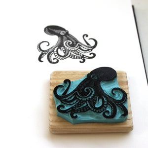 Octopus stamp, hand carved, wood mounted