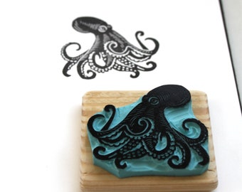 Octopus stamp, hand carved, wood mounted