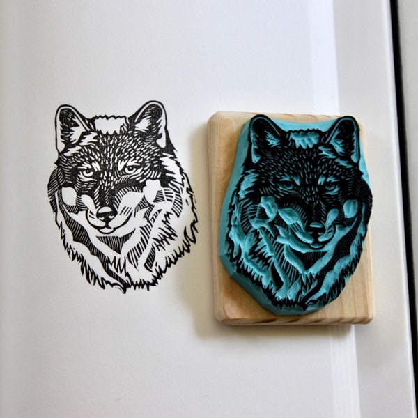 Wolf stamp, hand carved, wood mounted