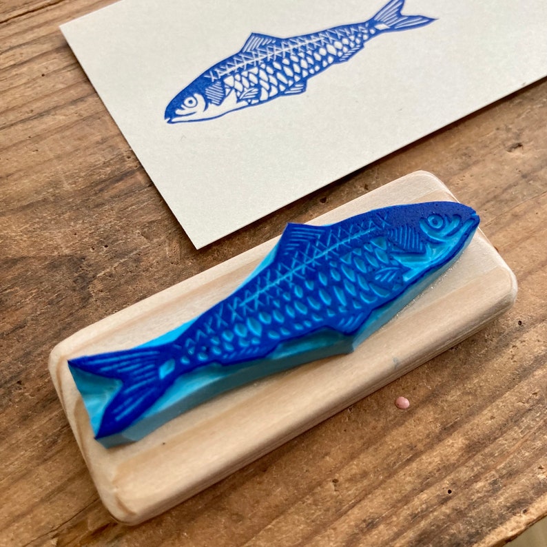 Sardine stamp, hand carved, wood mounted image 6