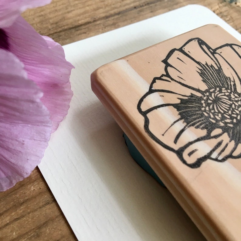 Poppi flower stamp, hand carved, wood mounted, bird stamp image 4