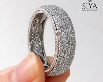 Cigar Moissanite Pave Set Wedding Band, 10K Solid White Gold Full Eternity Ring Three Row Micro Pave Anniversary Stacking Band
