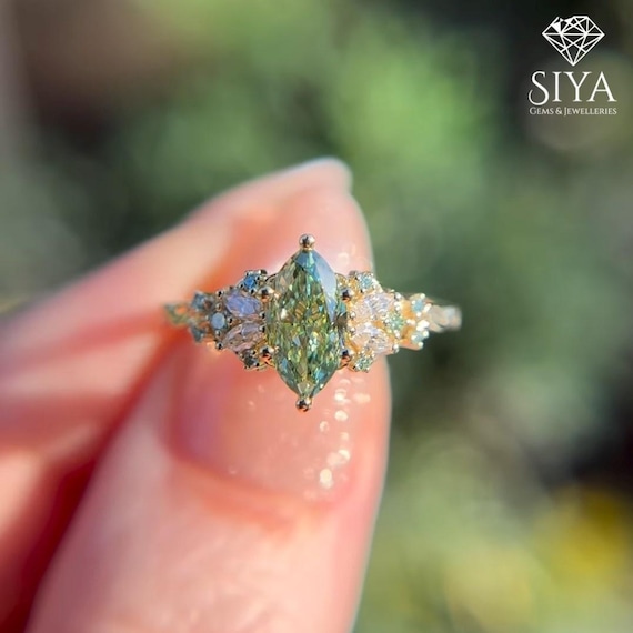Green Marquise Cut Cluster Engagement Ring Moissanite Diamond Wedding 14K Solid Gold Anniversary Promise Ring IGI Certified LabGrown Diamond