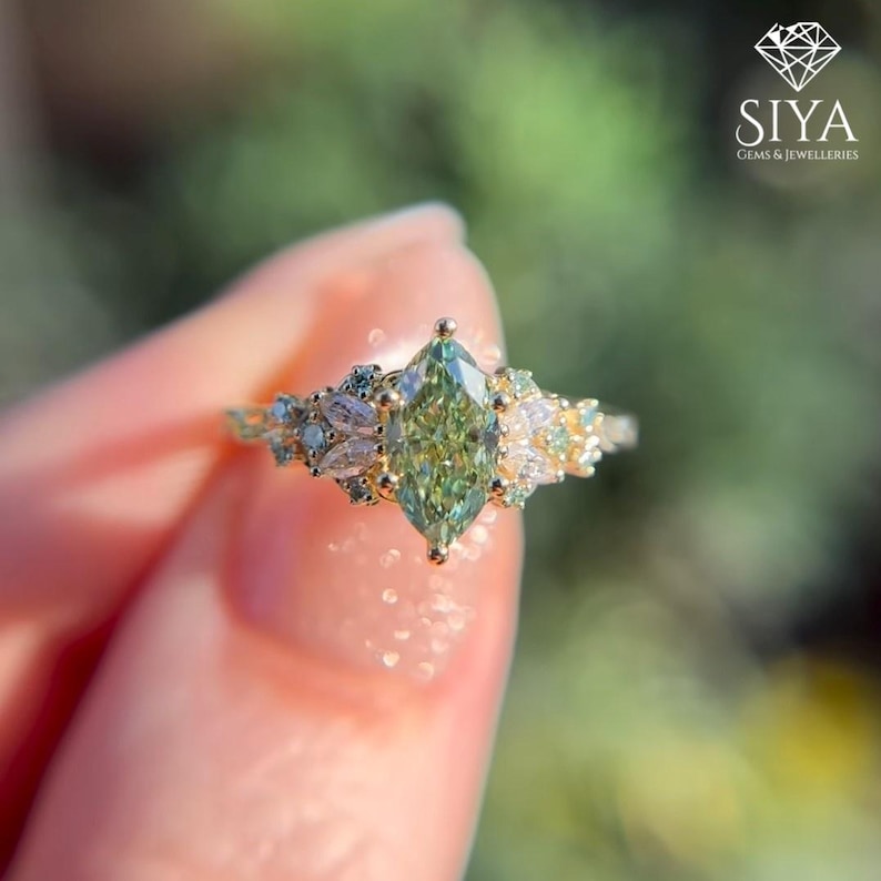 Green Marquise Cut Cluster Engagement Ring Moissanite Diamond Wedding 14K Solid Gold Anniversary Promise Ring IGI Certified LabGrown Diamond image 4