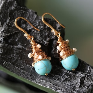 Handmade 18k Gold Turquoise & Pearl Earrings: Dainty Boho Style