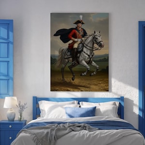 Military Commander on Horseback Canvas, Regal Red Coat Portrait Wall Art, Historic Army Figure Print, Framed Gift for Classic Warrior Decor