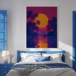 Retro Vaporwave Sunset Canvas Art: Neon Palm Tree Print