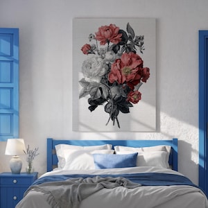 Vintage Botanical Floral Print, Red and White Roses Wall Art, Antique Flower Illustration Canvas, Classic Romantic Bedroom Wall Decor