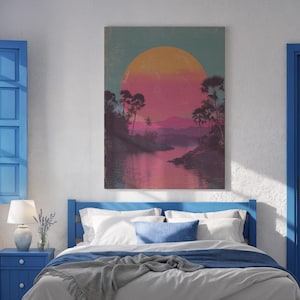 Vaporwave Sunset Canvas Print: Retro 80s Island Wall Art
