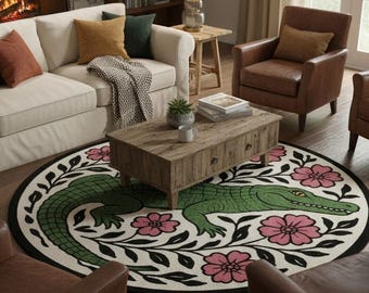 Tapis rond en crocodile touffeté à la main - Tapis floral d'art populaire et design animalier