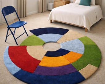 Colorful Hand Tufted Round Rug | Modern Geometric Kids Room Carpet | Rainbow Circle Wool Area Rug | Nursery & Playroom Decor