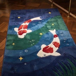 Tapete moderno feito à mão com estampa de animais, tapete de luxo artesanal, tapete com tema de peixes e água, tapete sob medida.