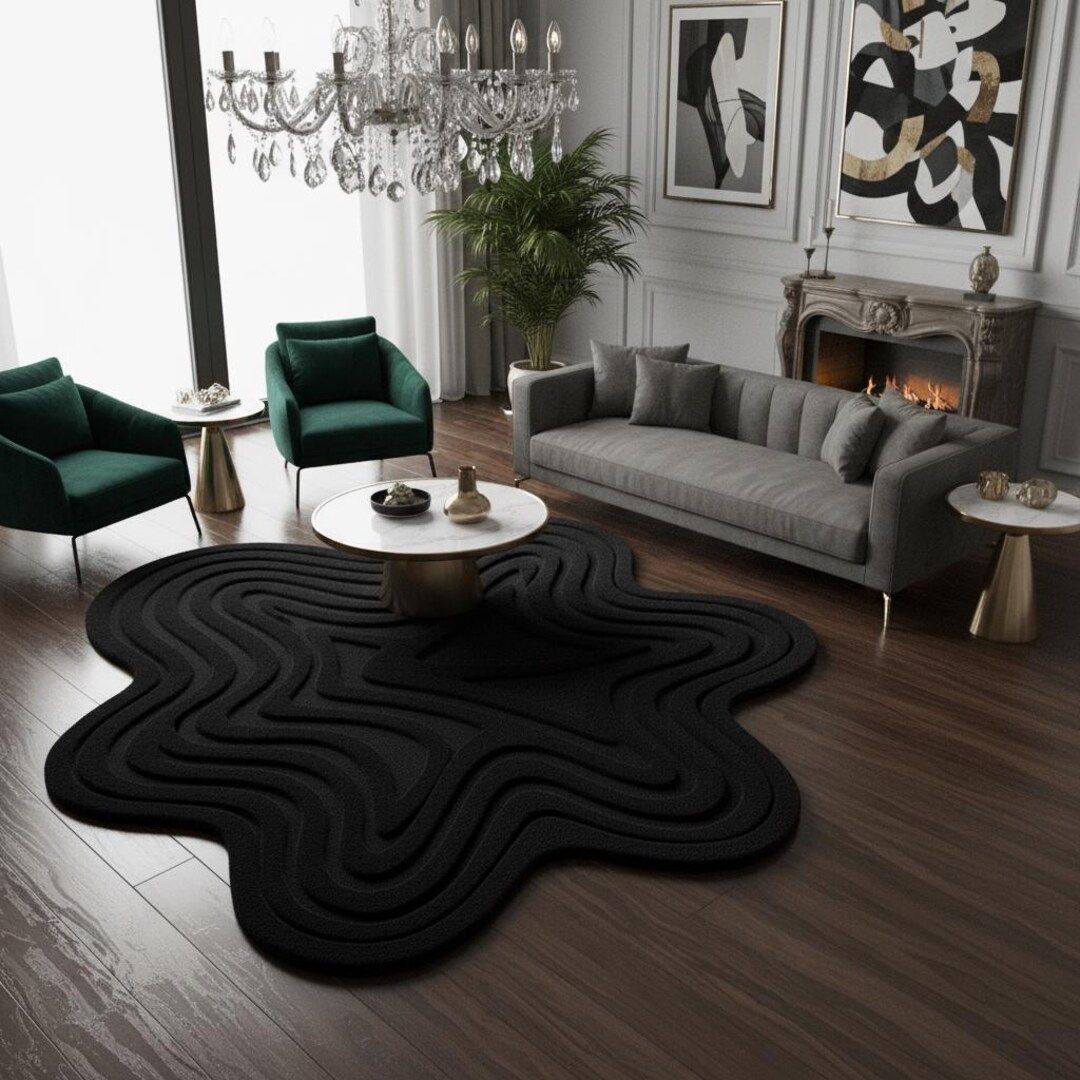 Luxury Black Abstract Rug – Hand Tufted Irregular Shape Modern Area ...