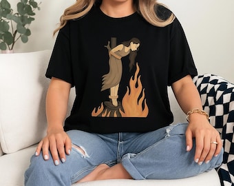 Witch Burning Graphic Tee: Retro Gothic Dark Feminine Art Shirt