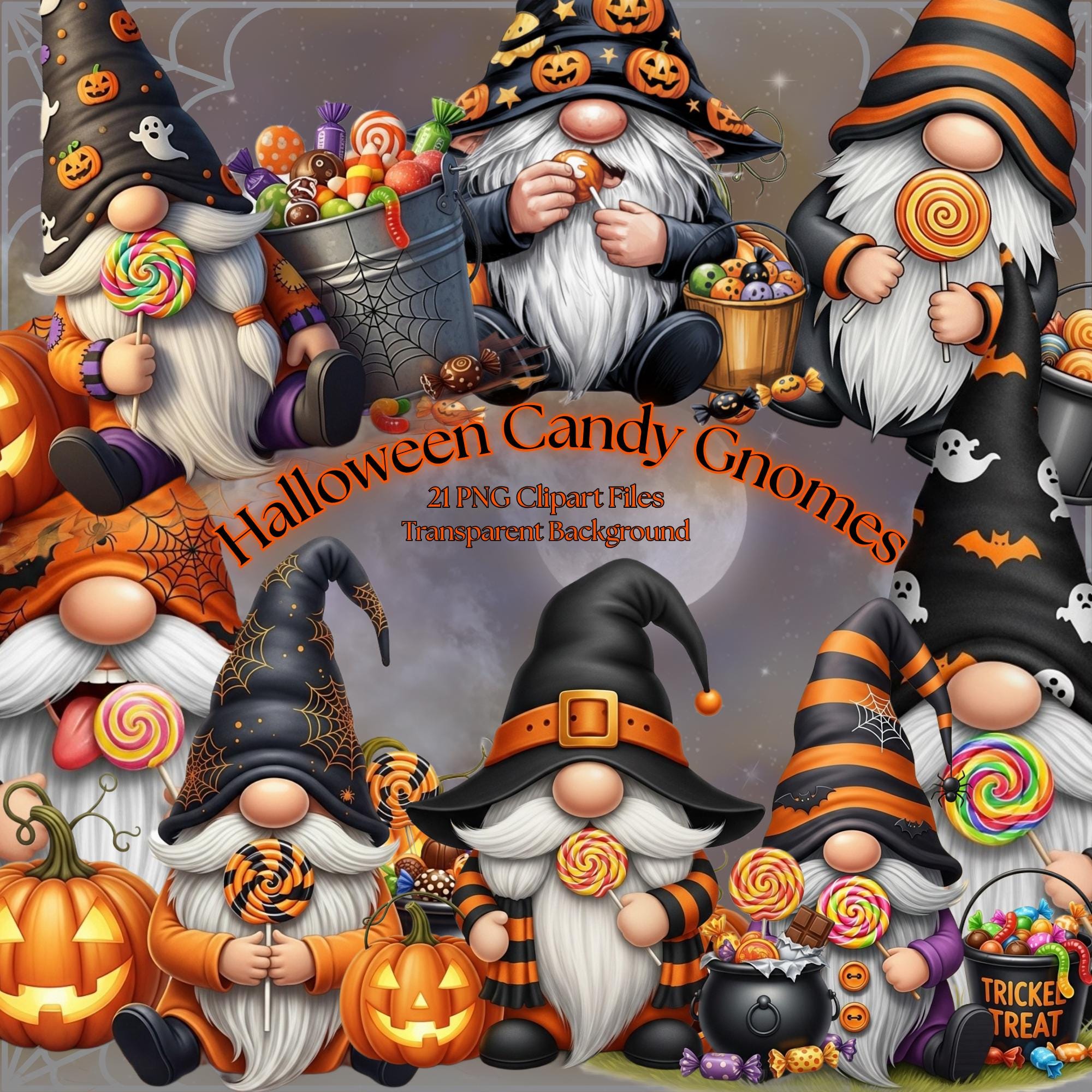 Halloween Candy Gnome Clipart Bundle PNG | Spooky Sweet Gnomes | Watercolor Halloween Graphics | Instant Digital Download