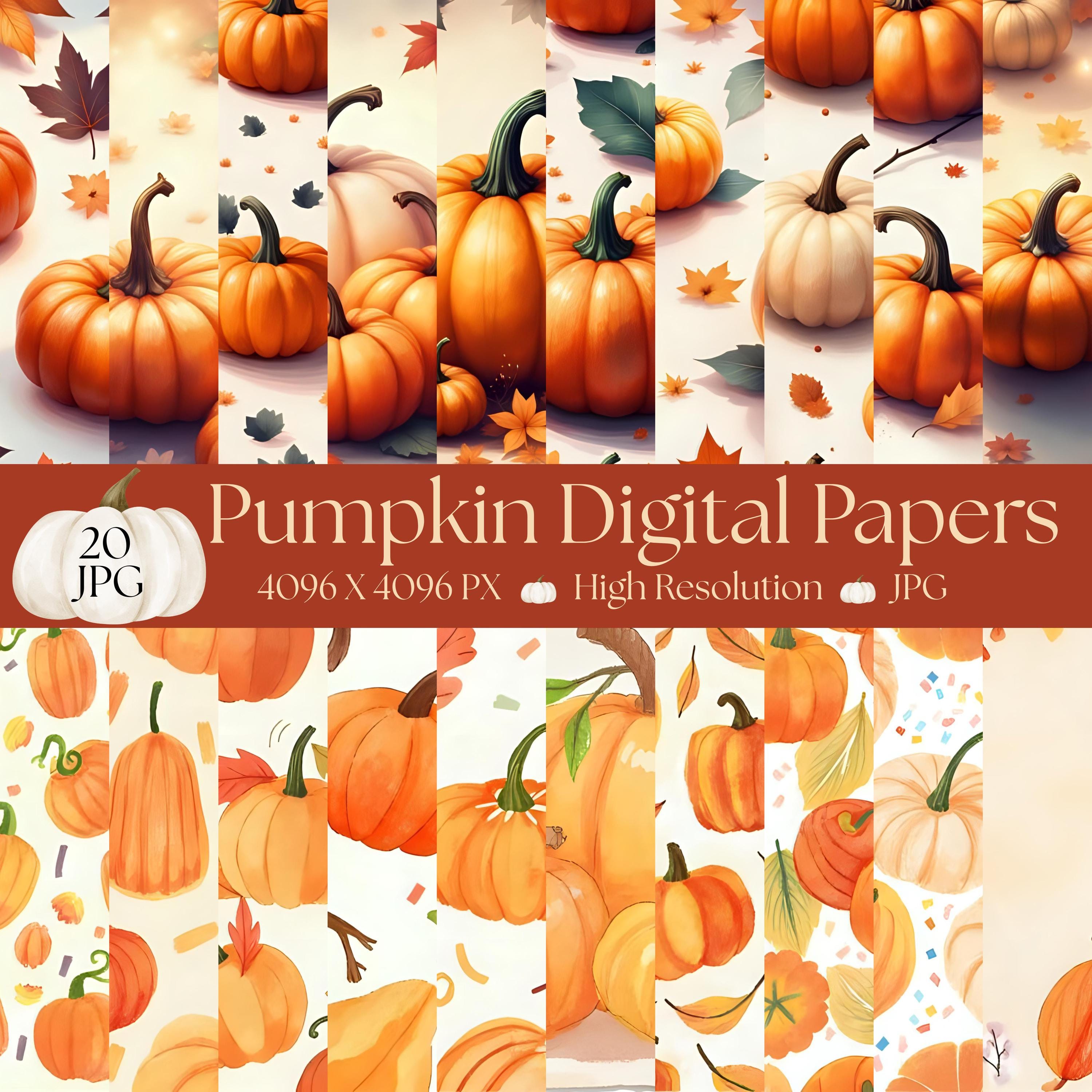 Pumpkin Digital Paper Bundle, 20 High-Resolution JPGs, Seamless Fall Patterns, Autumn Scrapbook Paper, Commercial Use Fall Backgrounds