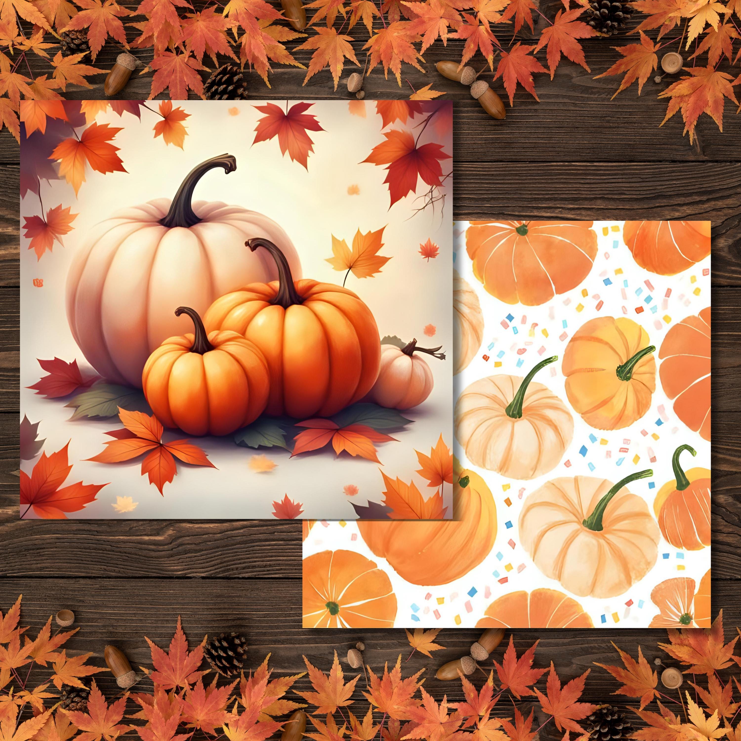 Pumpkin Digital Paper Bundle, 20 High-Resolution JPGs, Seamless Fall Patterns, Autumn Scrapbook Paper, Commercial Use Fall Backgrounds - Thumbnail 2